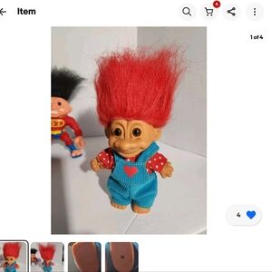 Vintage Troll Doll with Bright Red Hair and Blue Jean Overalls with Heart Outfit
